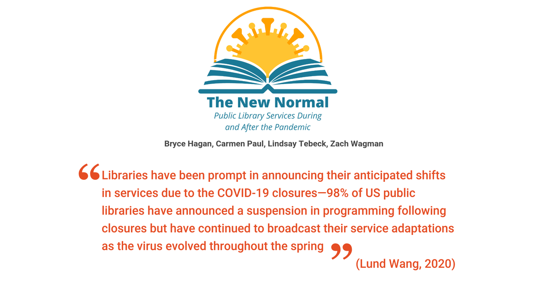 A graphic of a yellow sun mimicking the shape of the COVID-19 strain emerges from the open pages of a book. The text reads: The New Normal: Public Library Services before and after the Pandemic. Bryce Hagan, Carmen Paul, Lindsay Tebeck, Zach Wagman. It then reads, 